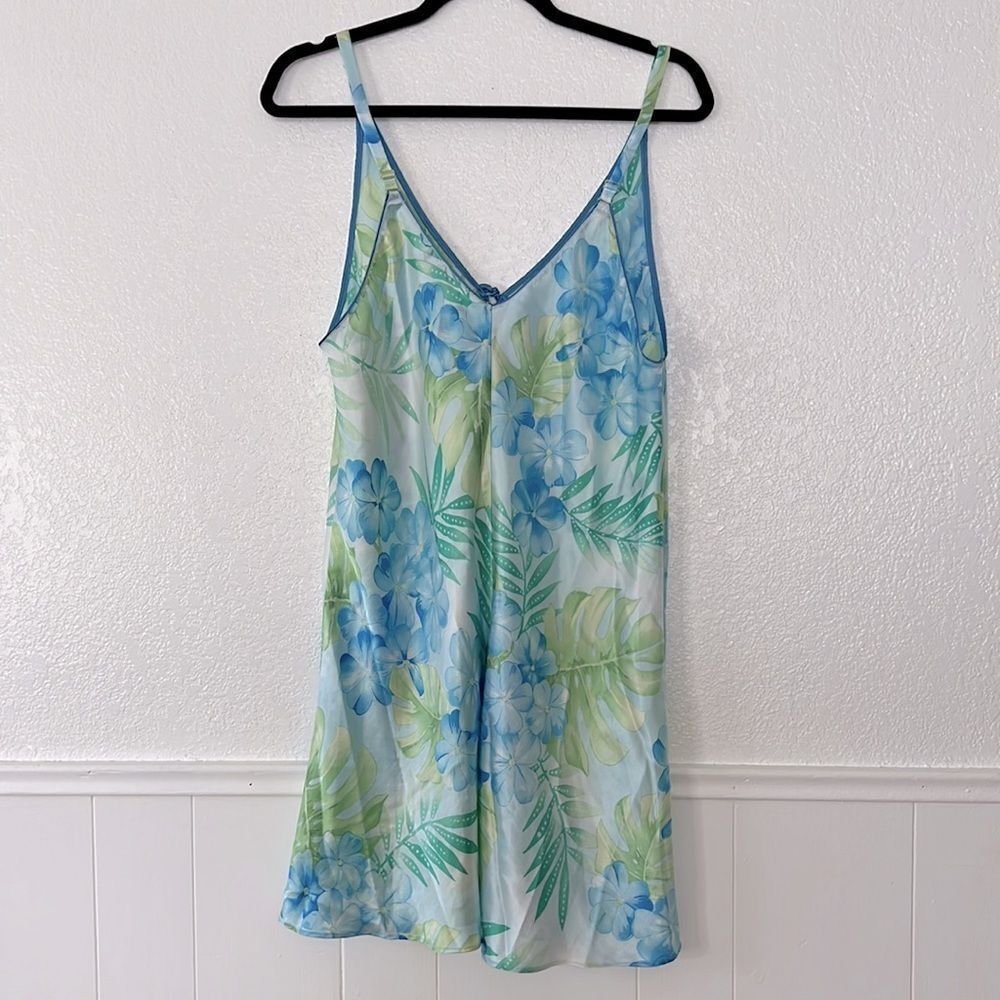 Vintage Oscar De La Renta blue floral mini babydoll Y2K dress slip L - Picture 6 of 6